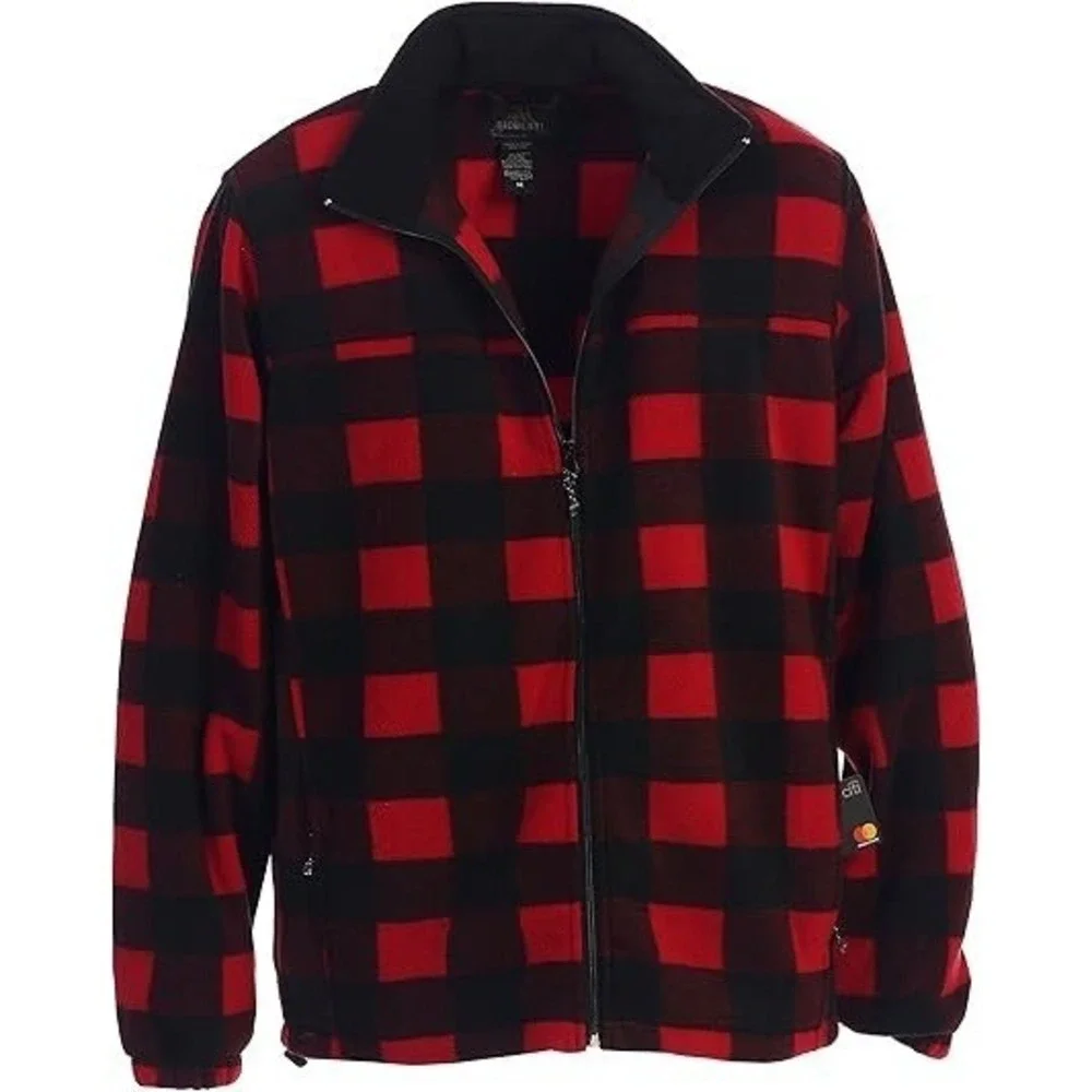 Men's Red and Black Plaid Polar Fleece Jacket - Full‎ Zip Up - (X-Large)